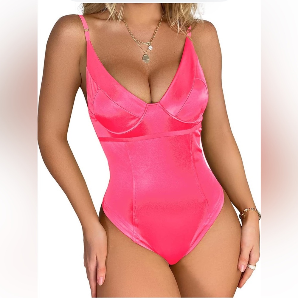 Neon pink deep v satin teddy bodysuit top snap crotch women’s small